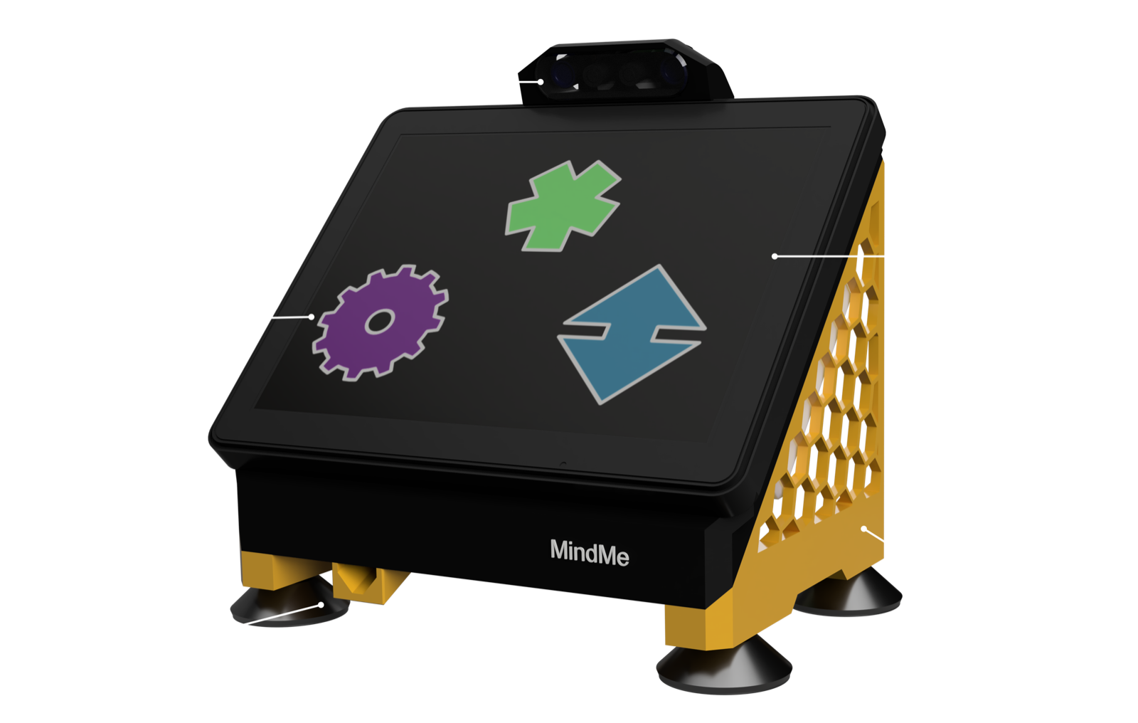 The MindMe! device: waterproof touchscreen, integrated feeder, AI monitoring, customisable hardware
